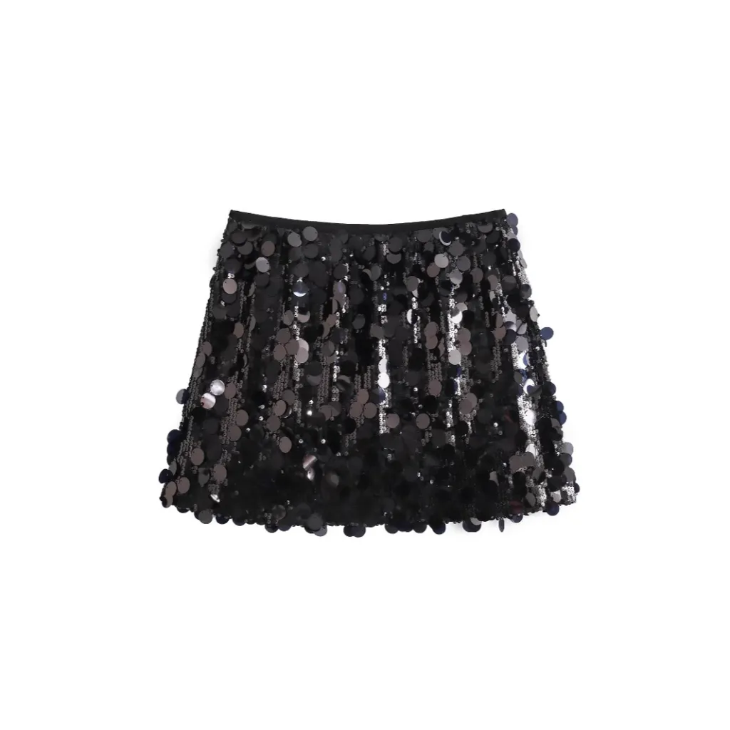 European And American Style A- Line Skirt High Waist Sheath Sequins Mini Skirt Women - Black