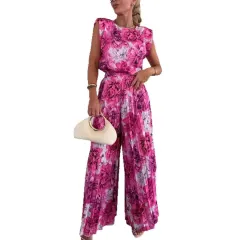 Round Neck Sleeveless Top Pleated Wide-leg Trousers Two-piece Set - Rose - View 1
