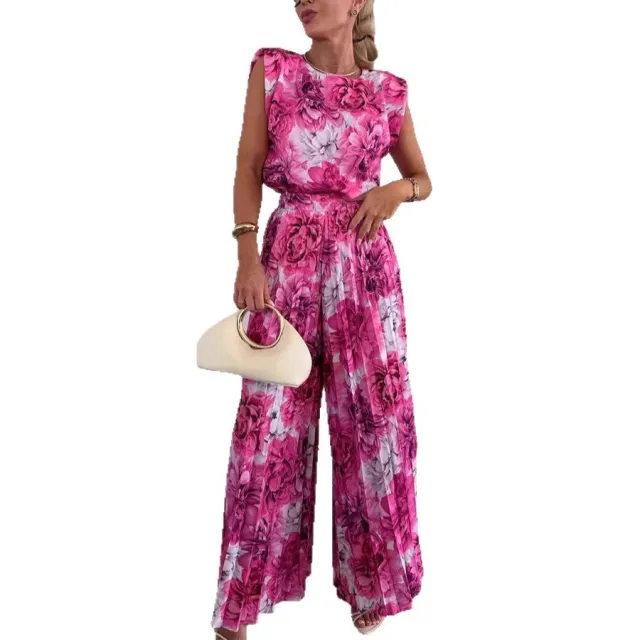 Round Neck Sleeveless Top Pleated Wide leg Trousers Two piece Set Rose - Shop at LoveMi