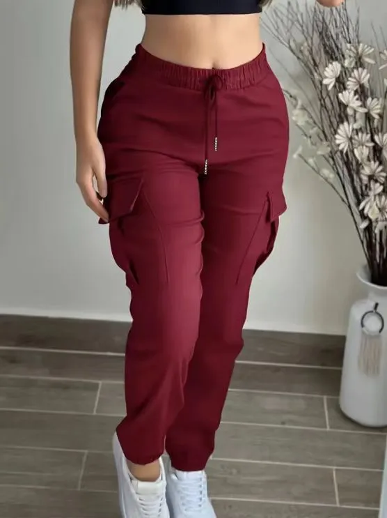 Mountaineering Fashion Drawstring Women's Leisure Cargo Trousers Red - Shop at LoveMi