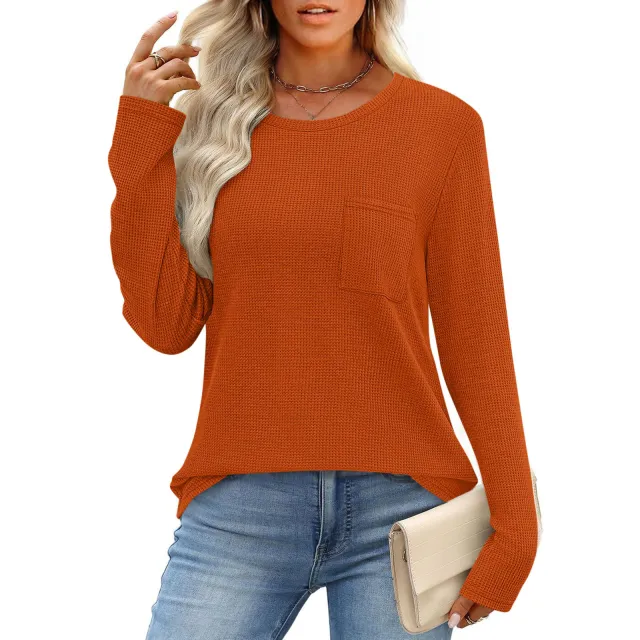 Women's Long Sleeved Waffle Knit Top T Shirt Orange Red - Shop at LoveMi