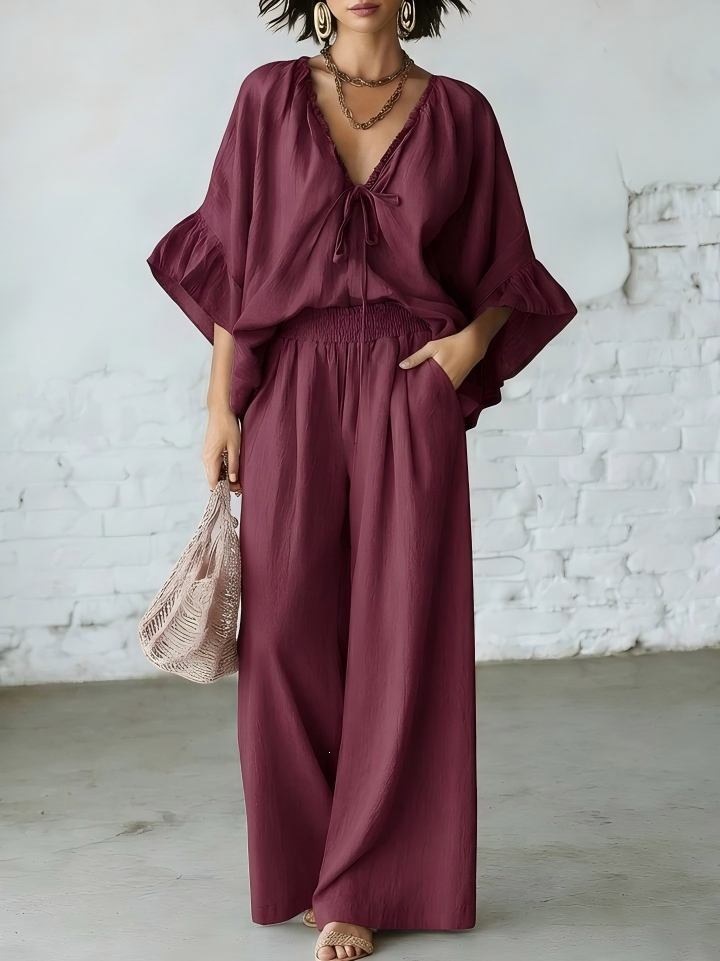 Women's loose-fit V-neck top and wide-leg pants set in pink – drop shoulder two-piece
