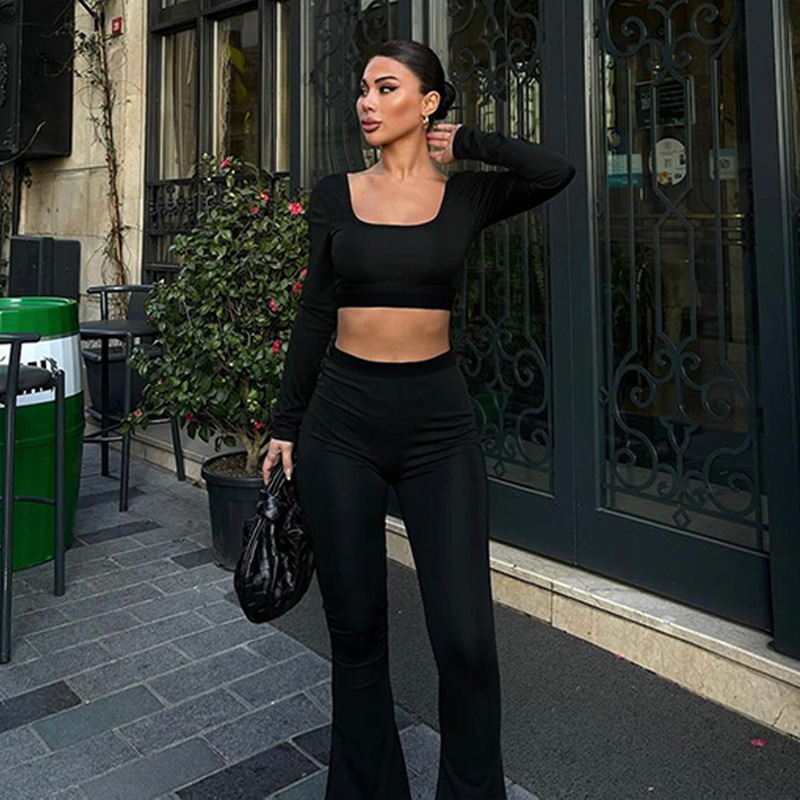 Printed Long Sleeve Flared Pants Two-piece Set