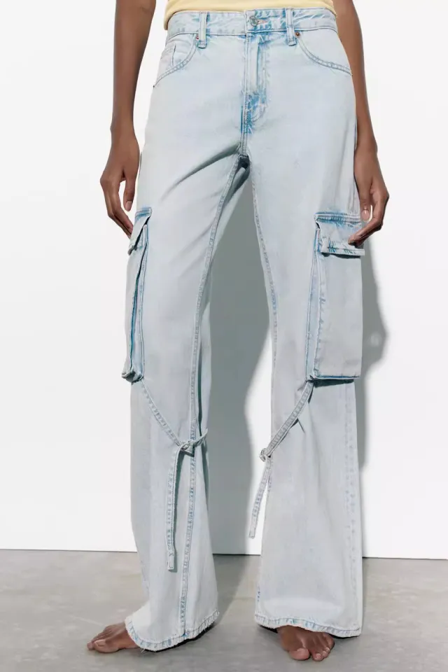 Women's Fashion Loose Strap Accessories Mid Waist Cargo Jeans Light Blue - Shop at LoveMi