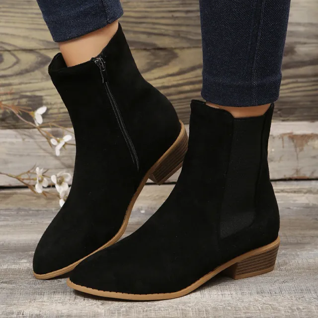 Women's Shoes Mid calf Suede Pointed toe Side Zip Chunky Heel Ankle Boots Black - Shop at LoveMi