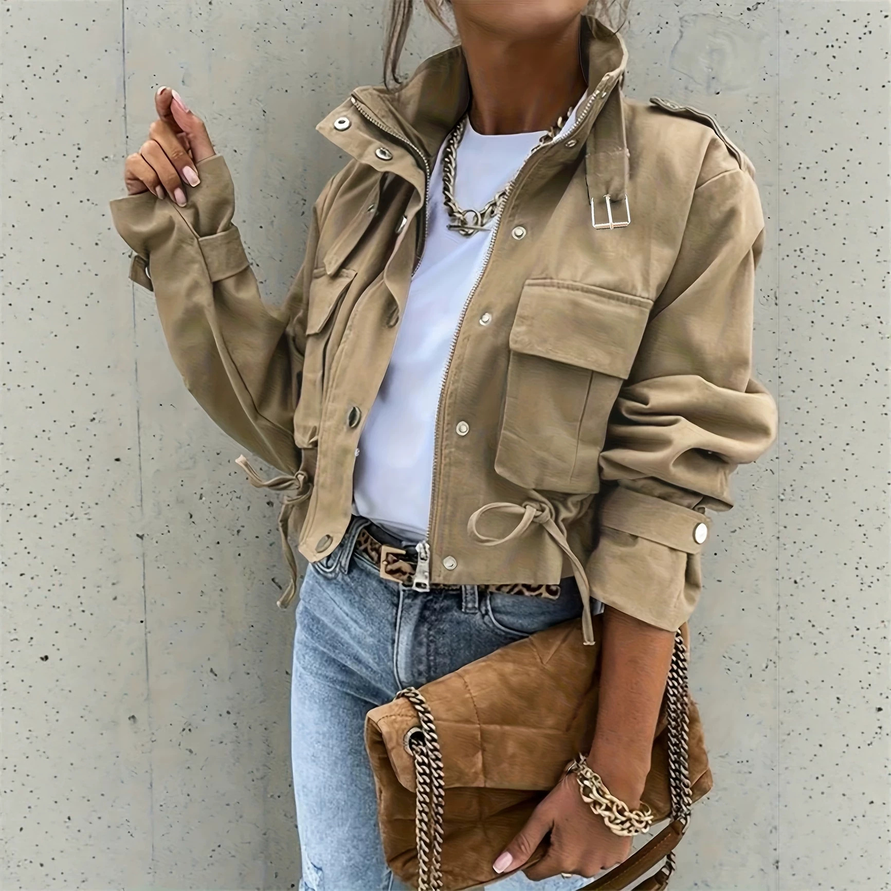Womens Long-sleeve Mandarin-collar Biker-style Jacket