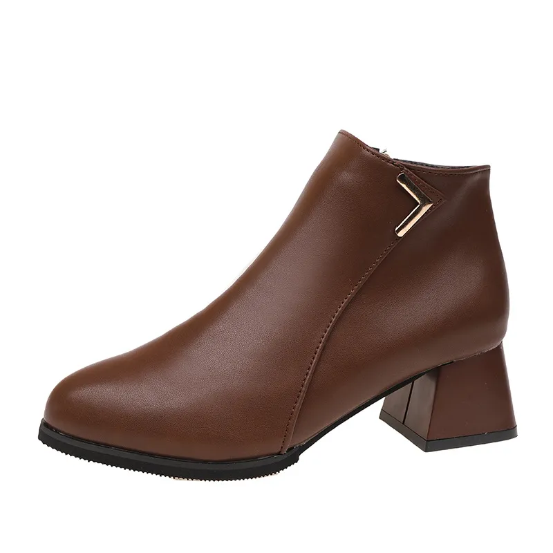 Round Head Chunky Heel Short European And American Style Solid Color Women's Martin Boots - Brown