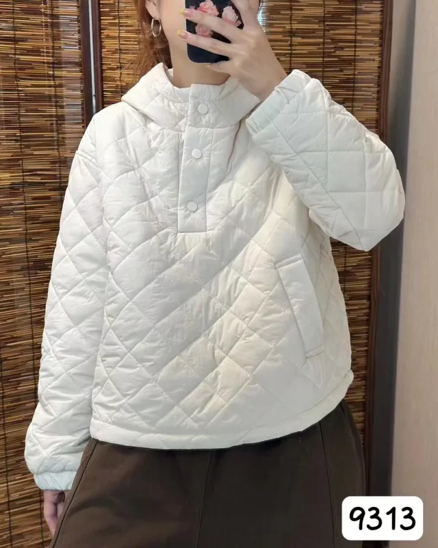 Simple Loose Western Style Rhombus Plaid Cotton Semi open Buckle Hooded Pullover White - Shop at LoveMi
