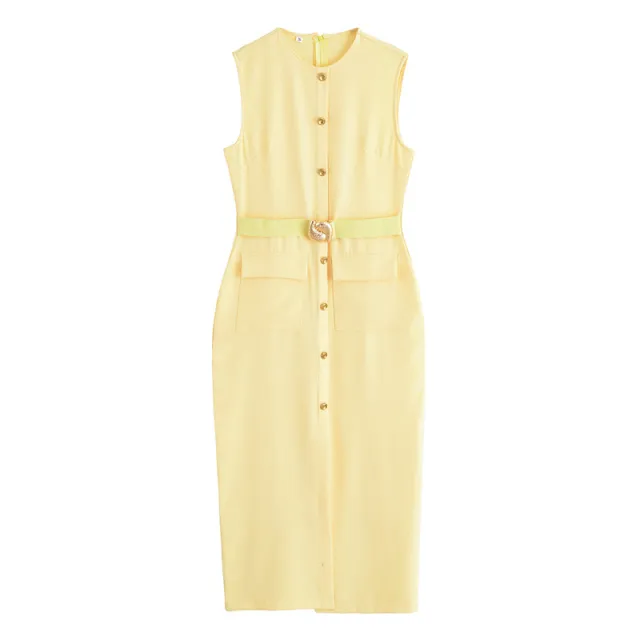 Sleeveless Round Neck Button Slim Fit Long Dress Fashion Yellow - Shop at LoveMi