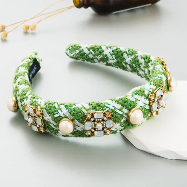 Colorful Glass Drill Pearl Wide edged Headdress Headband Green - Shop at LoveMi