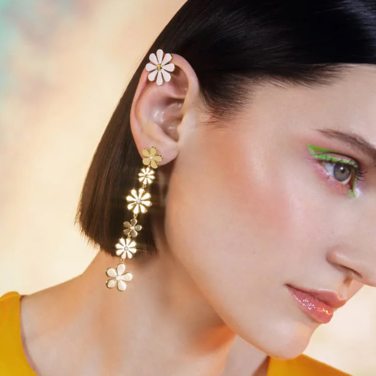 European And American 18K Gold Stainless Steel Little Daisy Long Asymmetric Earrings