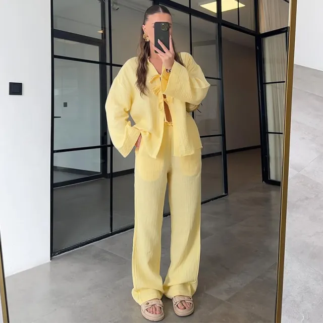 Summer New Solid Color Bow Long Sleeve Shirt Wide Leg Trousers Casual Suit Yellow - Shop at LoveMi