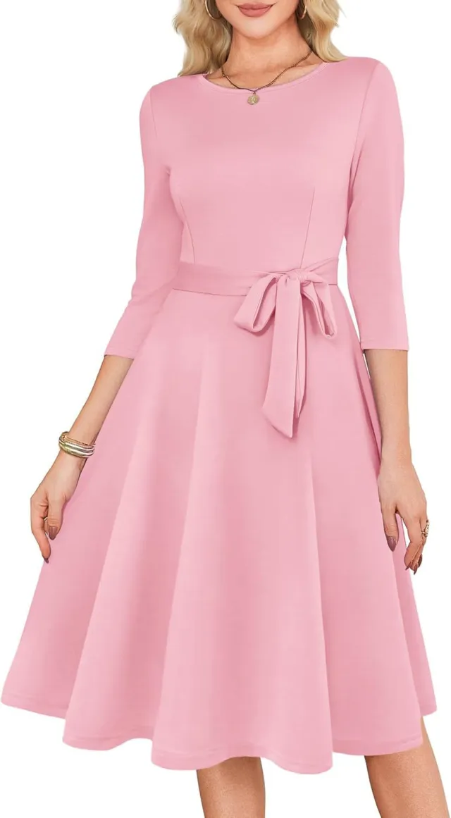 New Solid Color Cocktail Dress With 34 Sleeves, Vintage Style, Elegant Round Neck Gown For Wedding Guests Pink - Shop at LoveMi