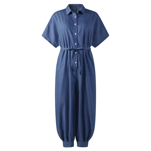 Solid Color Plus Size Casual Short Sleeve Denim Jumpsuit Blue - Shop at LoveMi