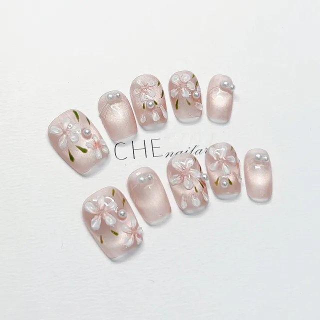 Flower Pearl Light Luxury Handmade Custom Manicure Short Wear Nail Tip Short Square - Shop at LoveMi
