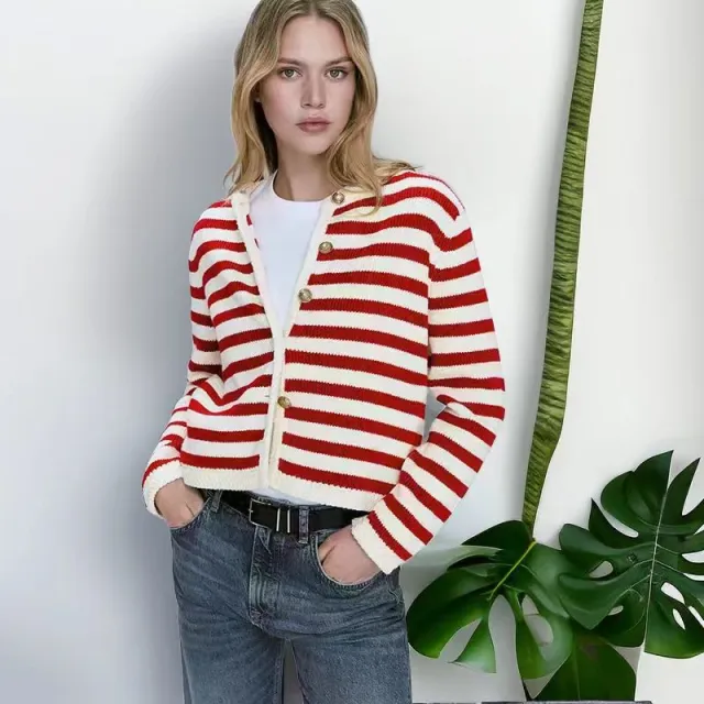 Buckle Striped Classic Style Knitted Cardigan Sweater Short Coat Red - Shop at LoveMi