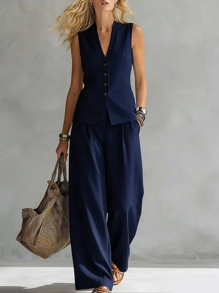 Womens Solid-Colored Sleeveless Casual Linen Tank Top And Pants Set 11