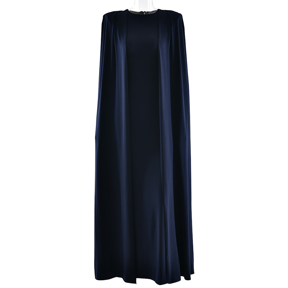 Solid Color Round neck Pleated Shawl Slim Dress Navy Blue - Shop at LoveMi