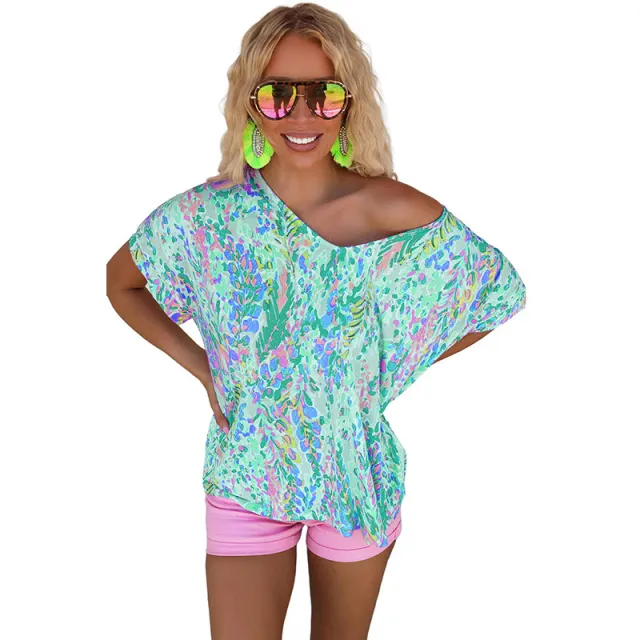 Loose Painted Flower Painting T shirt Women Single Wear Paint Flower Casual Top Women Green - Shop at LoveMi