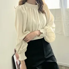 Spring And Summer High-neck Puff Sleeve Chiffon Shirt - Apricot - View 1