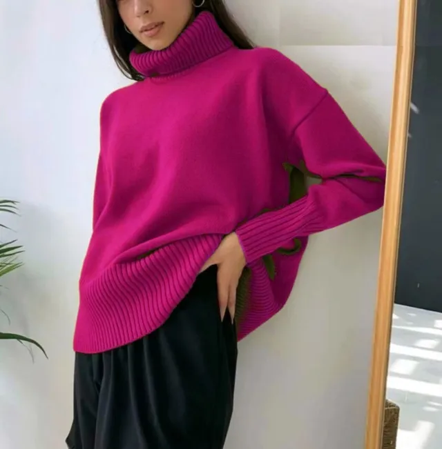 Soft And Comfortable High Polo Collar Solid Color Pullover Rose Red - Shop at LoveMi