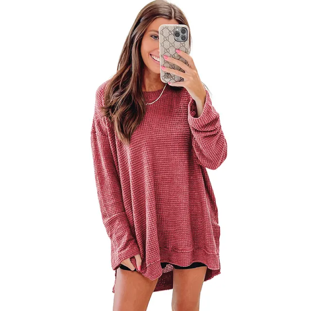 Solid Color Loose fitting Pullover Round neck Waffle Sweater Red - Shop at LoveMi