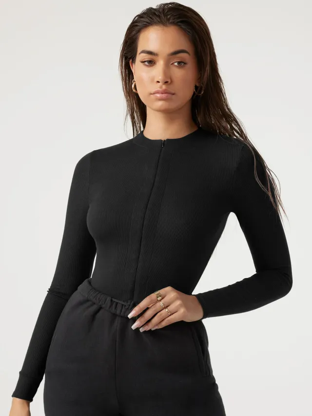 Zipper Jumpsuit Skinny Knitted Top Jumpsuit All match Top Shorts Black - Shop at LoveMi
