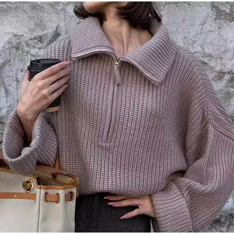 Pullover Solid Color Women's Zipper Loose Casual Knitted Sweater For Women - Cinnamon-L