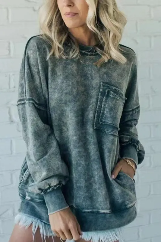 Washed Cotton Loose fitting Casual Round neck Sweater T shirt For Women Gray Green - Shop at LoveMi