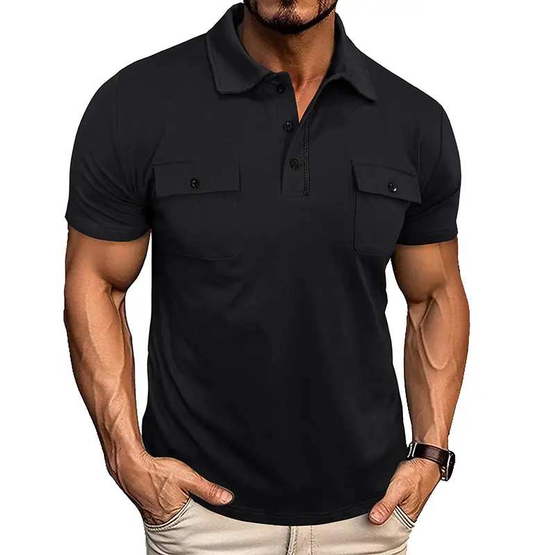Summer Lapel Button Polo Shirt with Pockets Outdoor Fashion Short Sleeve Tops