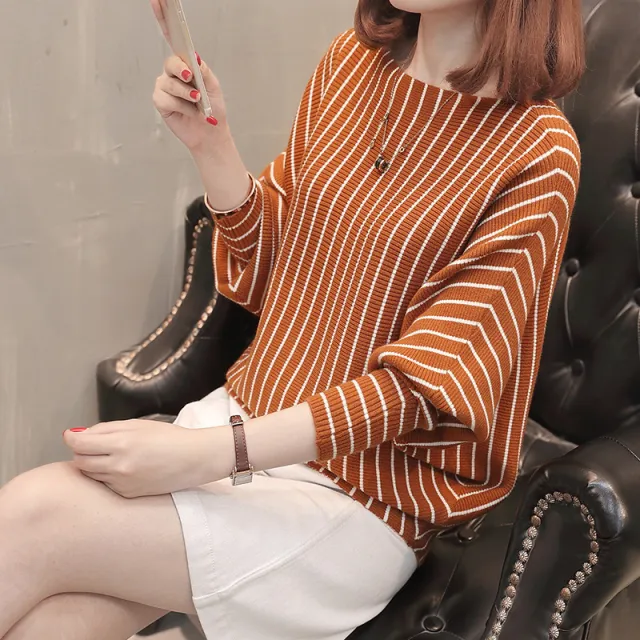 Korean style Striped Batwing Sleeve Sweater Camel - Shop at LoveMi