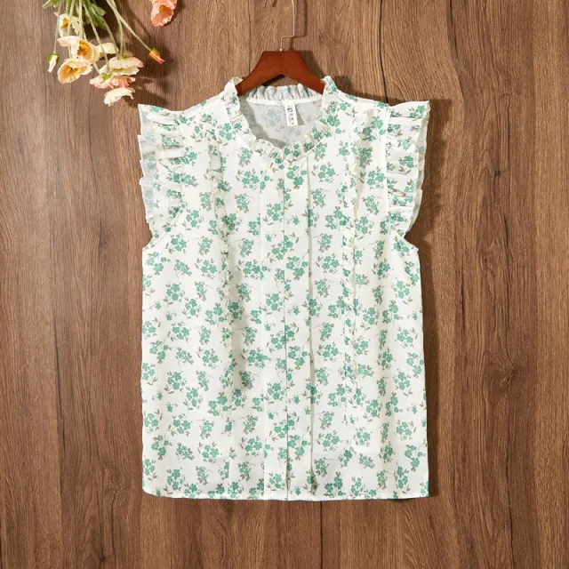 Sleeveless Ruffled Floral Women's Loose Sweet Chiffon Printed Top No 5 Color - Shop at LoveMi
