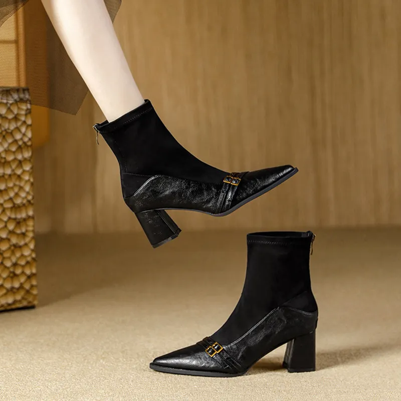 Women's Chunky Heel Autumn And Winter Stitching Stretch Pointed Toe High Heel Boots - Black