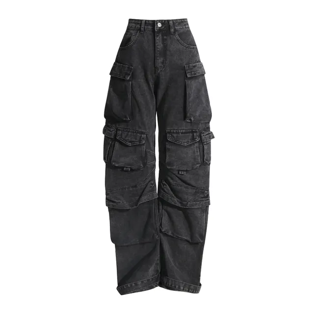 High Street Tooling Style Patchwork Pocket Design High Waist Wide Leg Slimming Dirty Jeans Gray - Shop at LoveMi