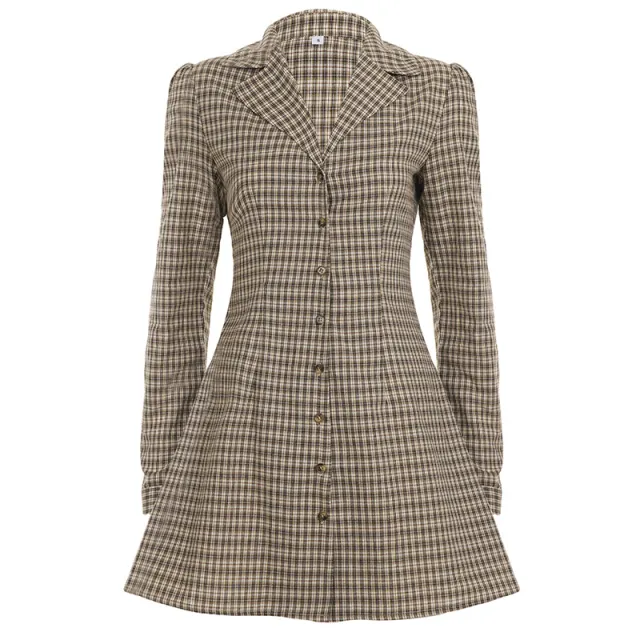 Shirt Collar Slim fit Slimming Breasted Long sleeved Dress Brown - Shop at LoveMi