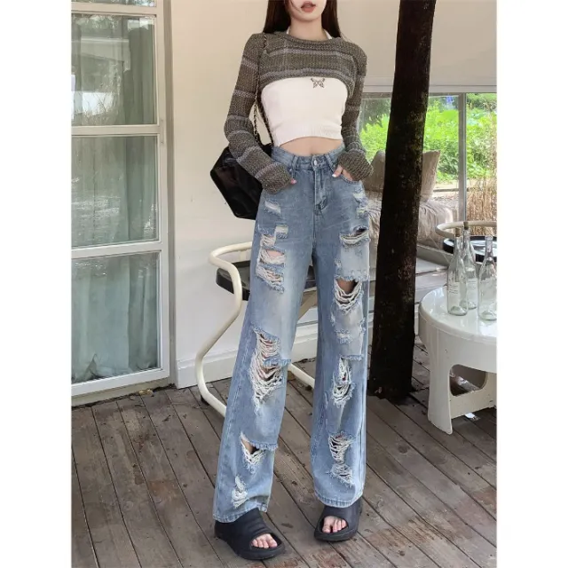 Women's High Street Straight Ripped Jeans Blue - Shop at LoveMi