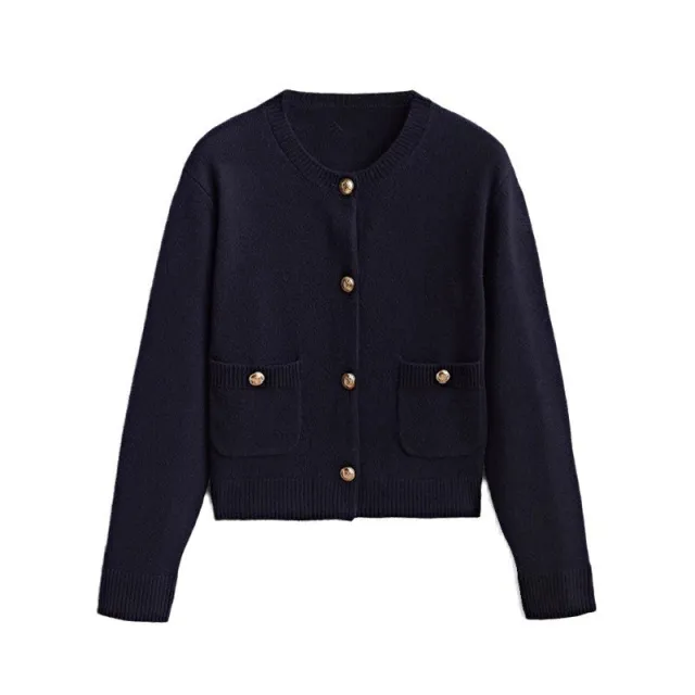 Women's Classic Style Gold Buckle Knitted Polyester Sweater Cardigan Navy Blue - Shop at LoveMi