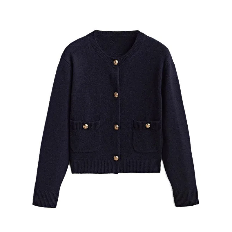 Women's Classic Style Gold Buckle Knitted Polyester Sweater Cardigan - Navy Blue
