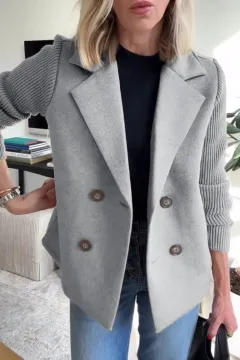 Double Breasted Lapel Jacket Fashion Knitted Sleeves Splicing Design Coat Outerwear Women's Clothing - Gray - View 1