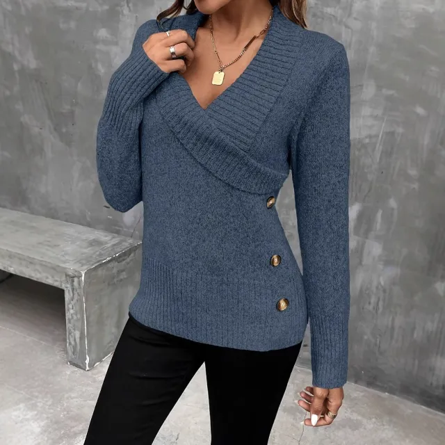 Pullover Button Elegant Knitted Sweaters Women's Clothing Navy - Shop at LoveMi