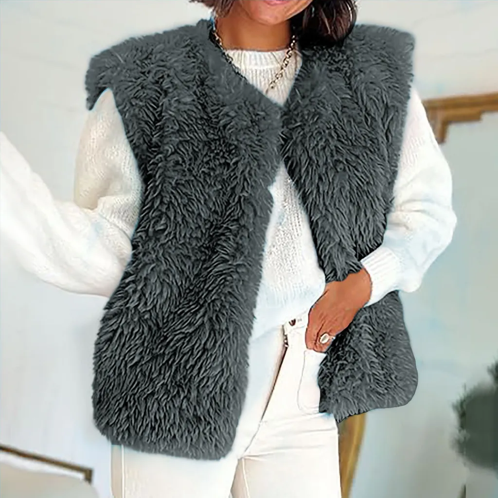 Women's Plush Vest Sleeveless Women's Fashion Tops - Dark Gray
