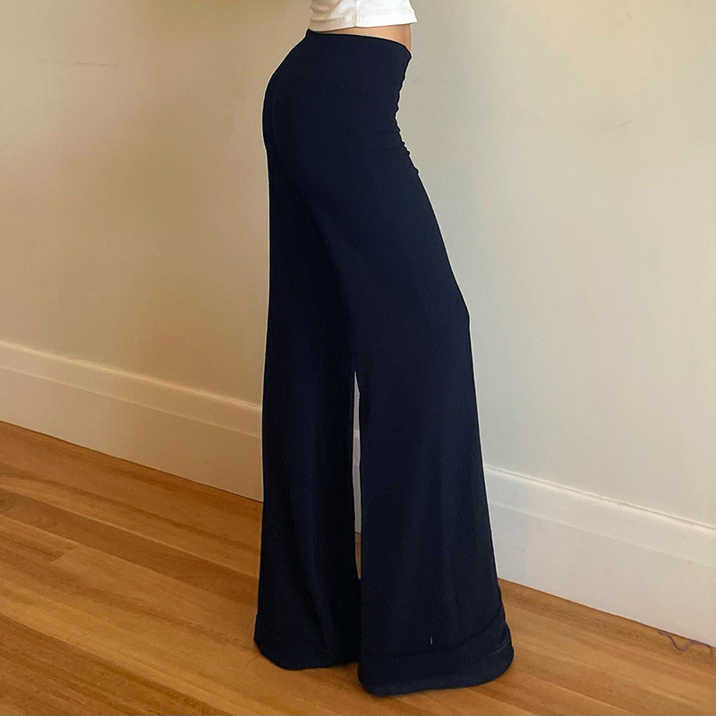 Solid Color High Waist Button Big Horn Loose Trousers Casual Pants Dark Blue - Shop at LoveMi