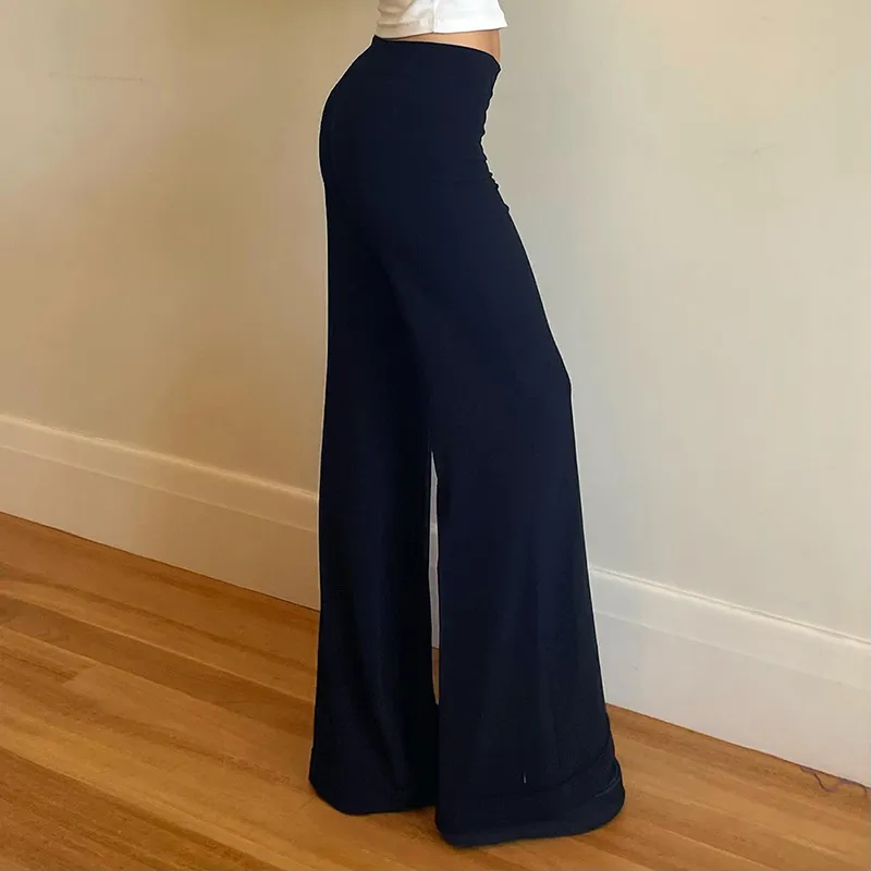 Solid Color High Waist Button Big Horn Loose Trousers Casual Pants - Dark Blue