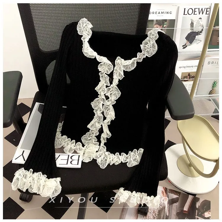 Women's Lace Patchwork Black Fungus Edge Knitted Cardigan Jacket - Black