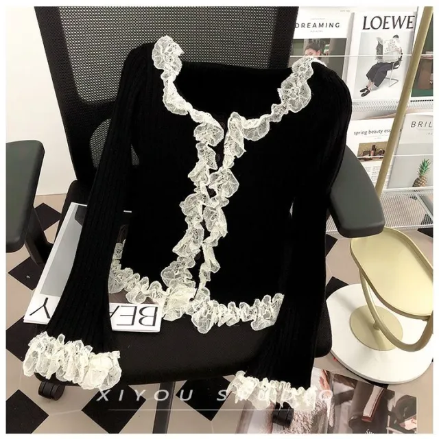 Women's Lace Patchwork Black Fungus Edge Knitted Cardigan Jacket Black - Shop at LoveMi