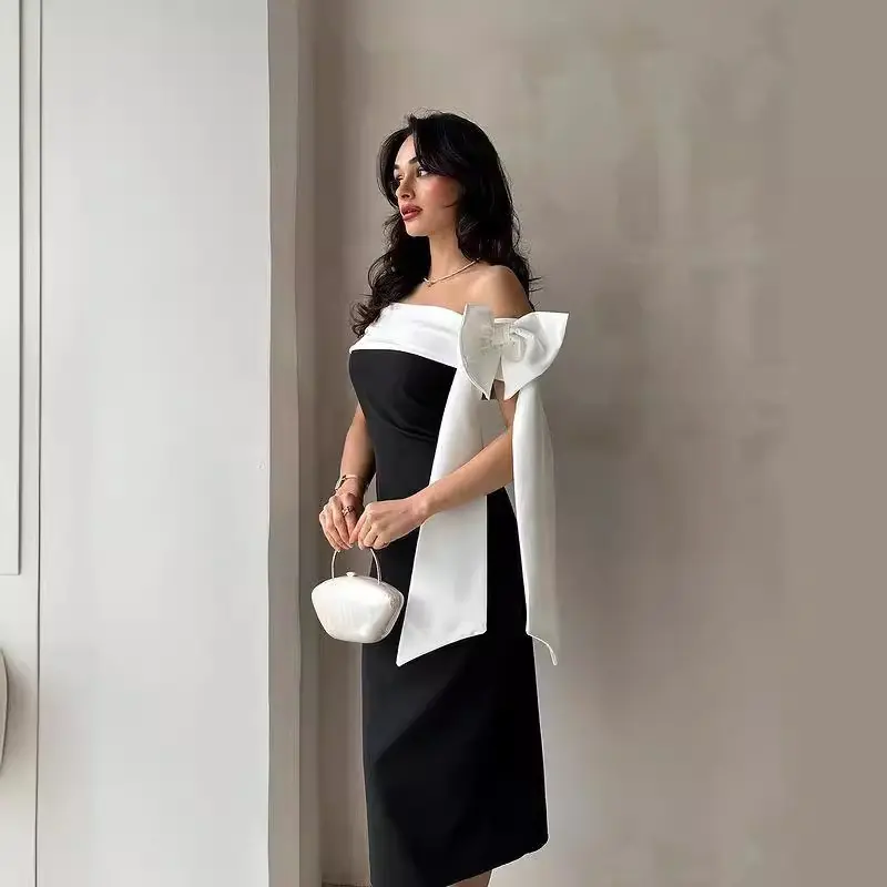 Women's Off-shoulder Bow Black And White Color