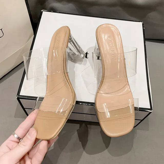 Transparent Ankle strap Women's Outer Wear High Heel Crystal Sexy Women's Shoes Apricot - Shop at LoveMi