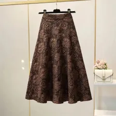High Waist Hollow-out Floral Large Swing Umbrella Skirt - Dark Brown - View 1