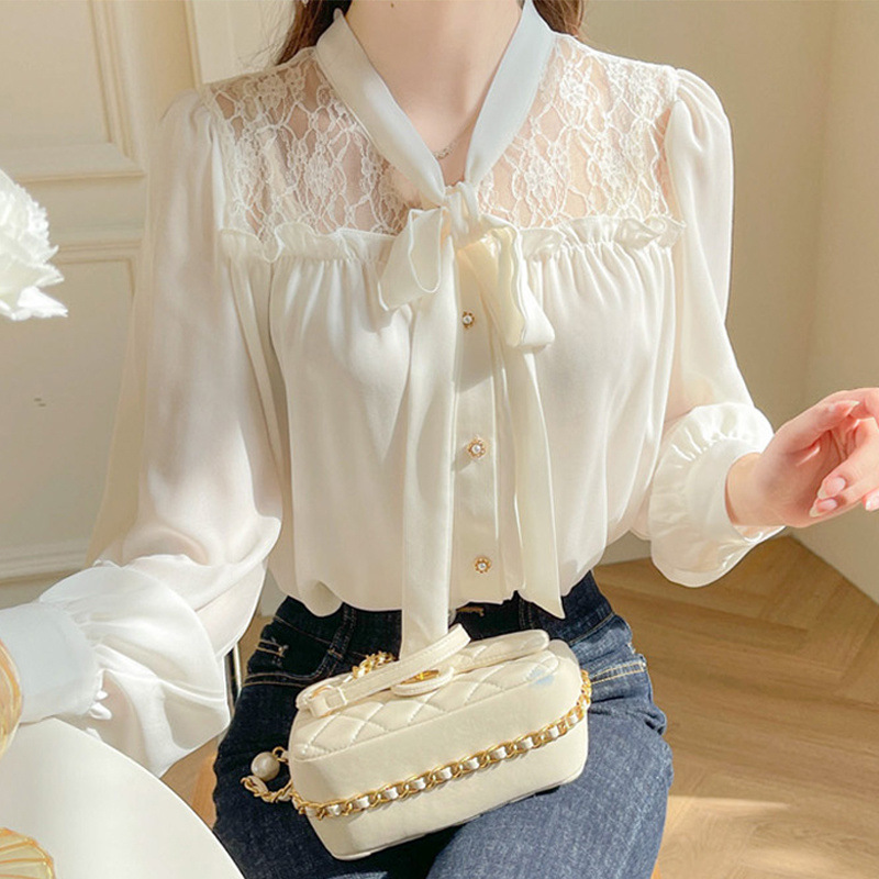 Women's Graceful Bow Long sleeved Chiffon Shirt White - Shop at LoveMi