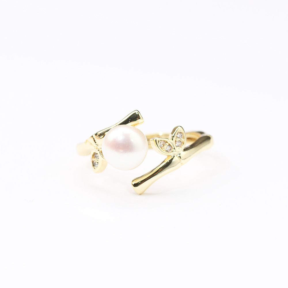 Simple Golden Bamboo Leaf Opening Adjustable Ring Temperament Natural Pearl
